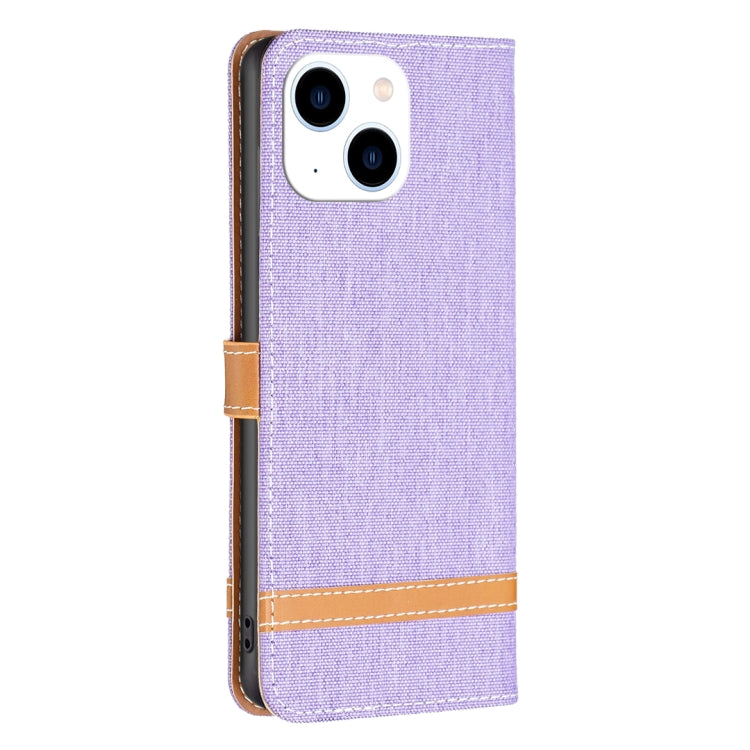 For iPhone 15 Color Block Denim Texture Leather Phone Case(Purple) - iPhone 15 Cases by buy2fix | Online Shopping UK | buy2fix
