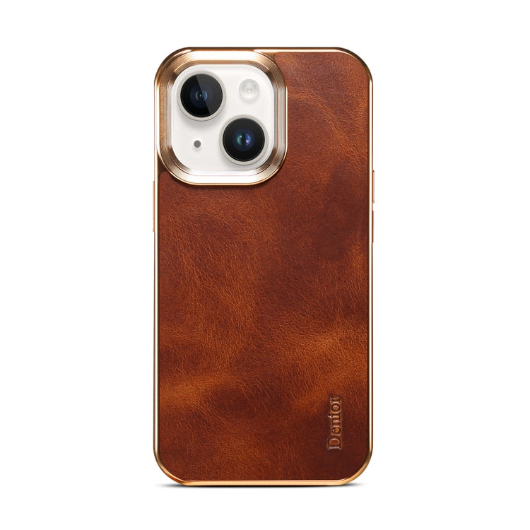 For iPhone 14 Plus Denior Oil Wax Cowhide Plating Phone Case(Brown) - iPhone 14 Plus Cases by Denior | Online Shopping UK | buy2fix