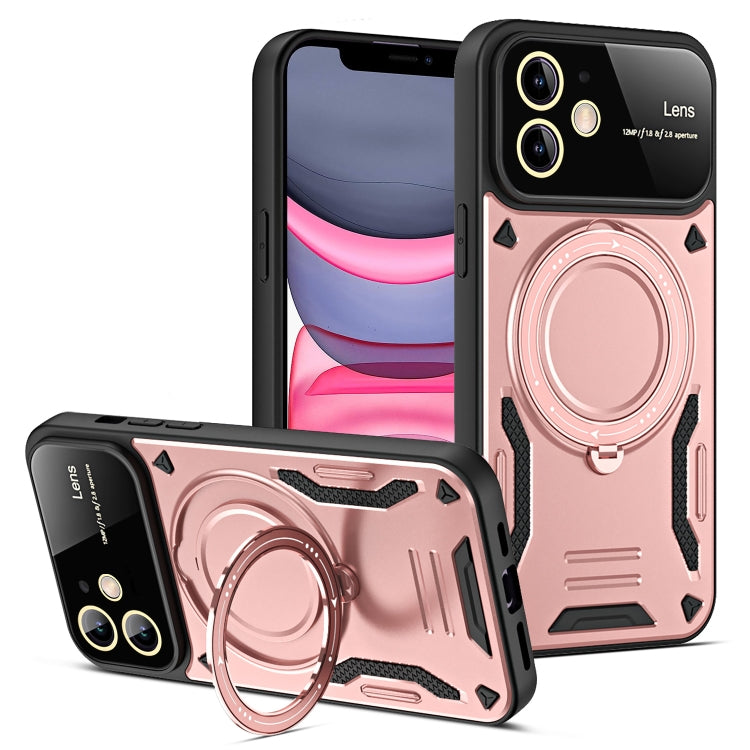 For iPhone 11 Large Window MagSafe Holder Phone Case(Rose Gold) - iPhone 11 Cases by buy2fix | Online Shopping UK | buy2fix