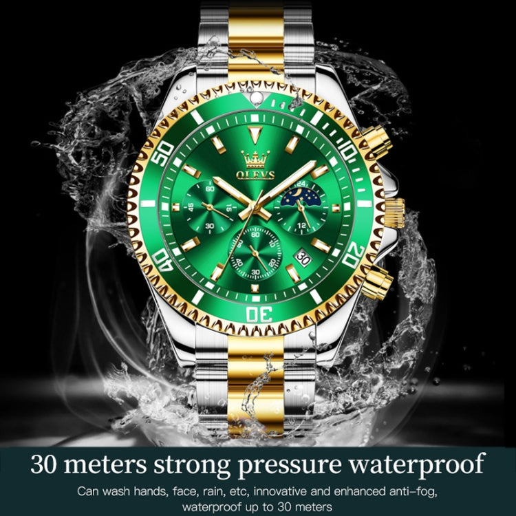 OLEVS 2870 Men Multifunctional Chronograph Three Eyes Waterproof Quartz Watch(Green + Gold) - Metal Strap Watches by OLEVS | Online Shopping UK | buy2fix