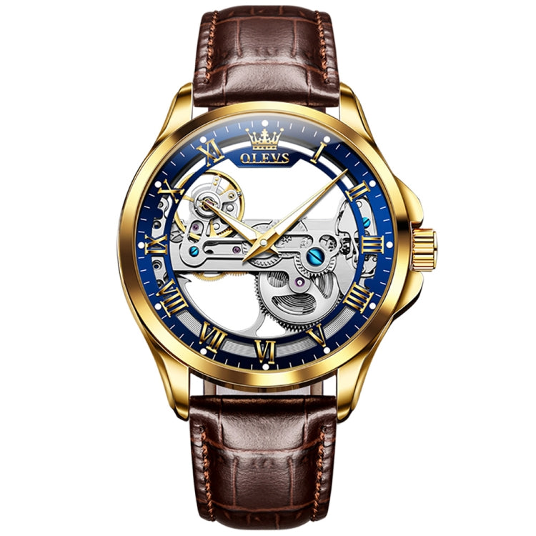 OLEVS 6661 Men Fashion Luminous Waterproof Mechanical Watch(Blue + Gold) - Leather Strap Watches by OLEVS | Online Shopping UK | buy2fix