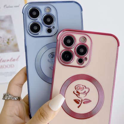 For iPhone 13 Pro Electroplate Side Roses Flower MagSafe Phone Case(Blue) - iPhone 13 Pro Cases by buy2fix | Online Shopping UK | buy2fix