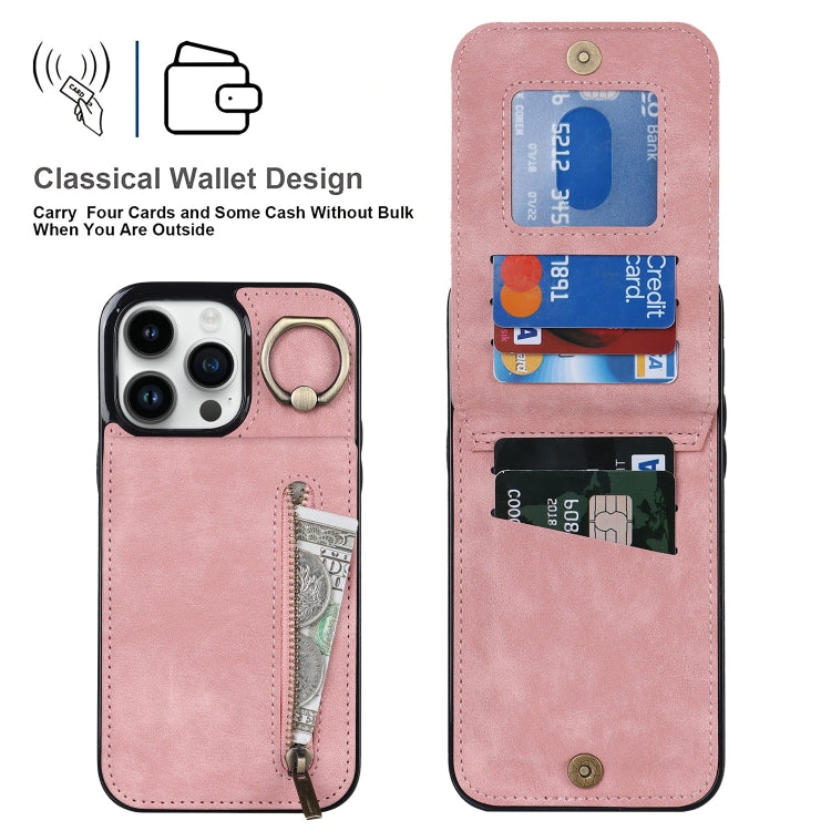 For iPhone 15 Pro Max Retro Ring and Zipper RFID Card Slot Phone Case(Pink) - iPhone 15 Pro Max Cases by buy2fix | Online Shopping UK | buy2fix