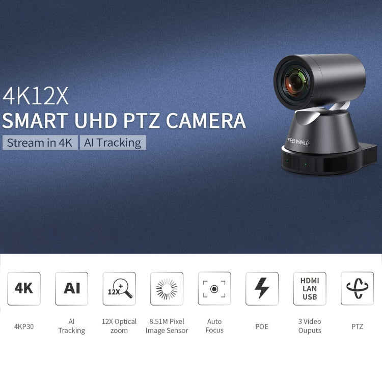 FEELWORLD 4K12X 4K PTZ Camera 12X Optical Zoom AI Tracking HDMI USB IP Remote Control(AU Plug) - HD Camera by FEELWORLD | Online Shopping UK | buy2fix