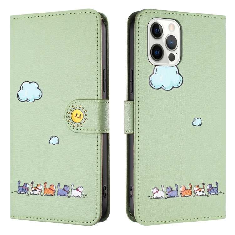For iPhone 15 Pro Max Cartoon Cats Leather Phone Case(Green) - iPhone 15 Pro Max Cases by buy2fix | Online Shopping UK | buy2fix