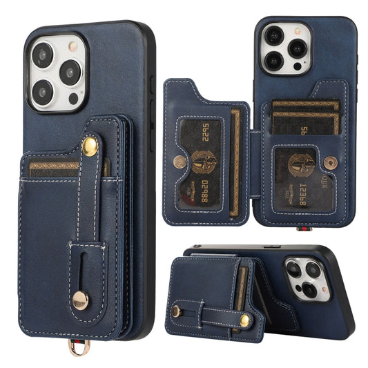 For iPhone 15 Pro Max 01 RFID Card Bag Cowhide Texture PU Phone Case(Blue) - iPhone 15 Pro Max Cases by buy2fix | Online Shopping UK | buy2fix