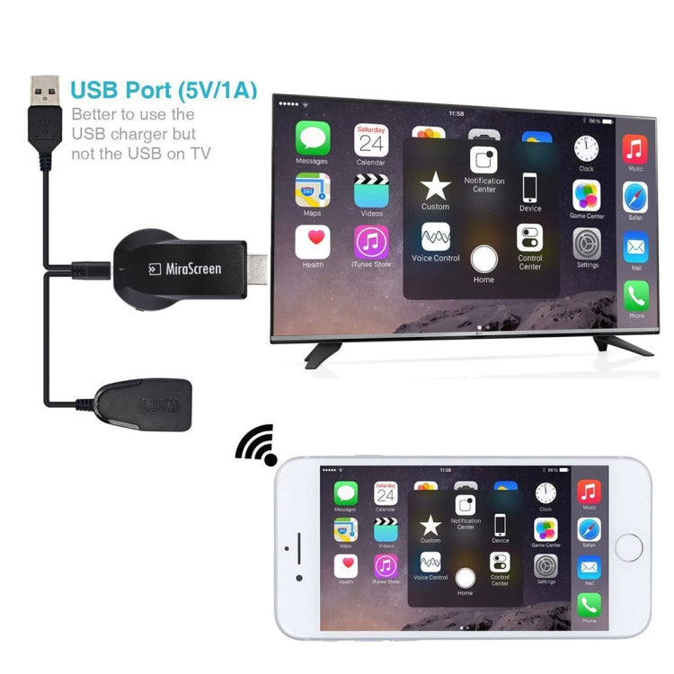 MiraScreen WiFi Display Dongle / Miracast Airplay DLNA Display Receiver Dongle Wireless Mirroring Screen Device with 2 in 1 USB Cable (Black) - Consumer Electronics by buy2fix | Online Shopping UK | buy2fix