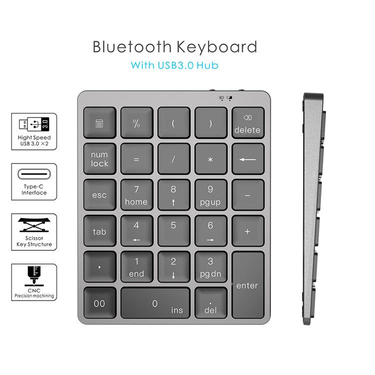 N970 Pro Dual Modes Aluminum Alloy Rechargeable Wireless Bluetooth Numeric Keyboard with USB HUB (Grey) - Mini Keyboard by buy2fix | Online Shopping UK | buy2fix