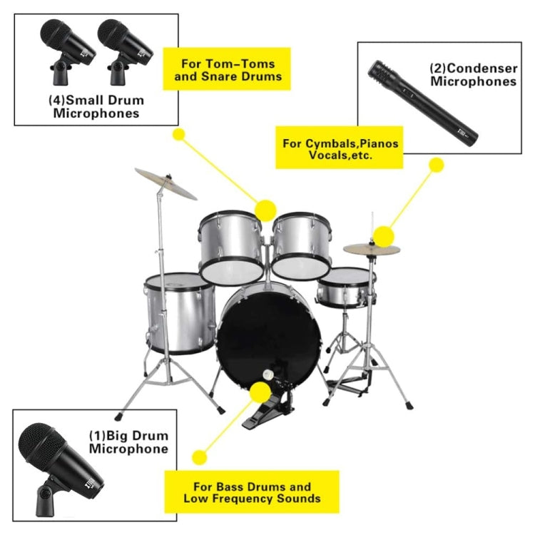 XTUGA DI7 7-Piece Wired Dynamic Drum Mic Kit Kick Bass Tom/Snare Cymbals Microphone Set with XLR Cables - Microphone by XTUGA | Online Shopping UK | buy2fix