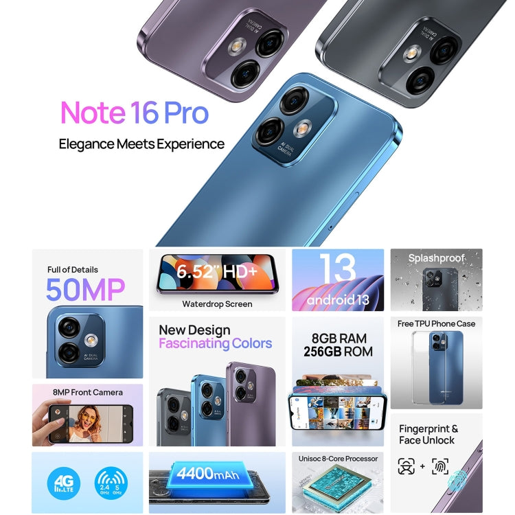 [HK Warehouse] Ulefone Note 16 Pro, 8GB+256GB, Dual Back Cameras, Face ID & Side Fingerprint Identification, 4400mAh Battery, 6.52 inch Android 13 Unisoc T606 Octa Core up to 1.6GHz, Network: 4G, Dual SIM, OTG (Purple) - Ulefone by Ulefone | Online Shopping UK | buy2fix