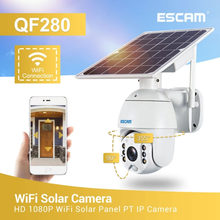 ESCAM QF280 HD 1080P IP66 Waterproof WiFi Solar Panel PT IP Camera with Battery, Support Night Vision / Motion Detection / TF Card / Two Way Audio (White) - Dome Camera by ESCAM | Online Shopping UK | buy2fix