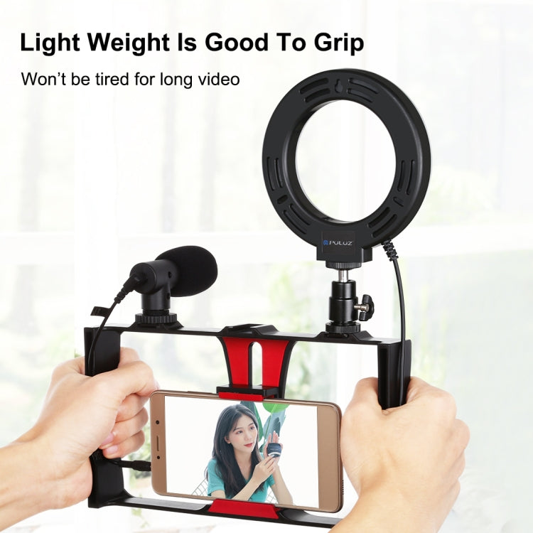 PULUZ 4 in 1 Vlogging Live Broadcast Smartphone Video Rig + 4.7 inch 12cm Ring LED Selfie Light Kits with Microphone + Tripod Mount + Cold Shoe Tripod Head for iPhone, Galaxy, Huawei, Xiaomi, HTC, LG, Google, and Other Smartphones(Red) - Camera Accessories by PULUZ | Online Shopping UK | buy2fix