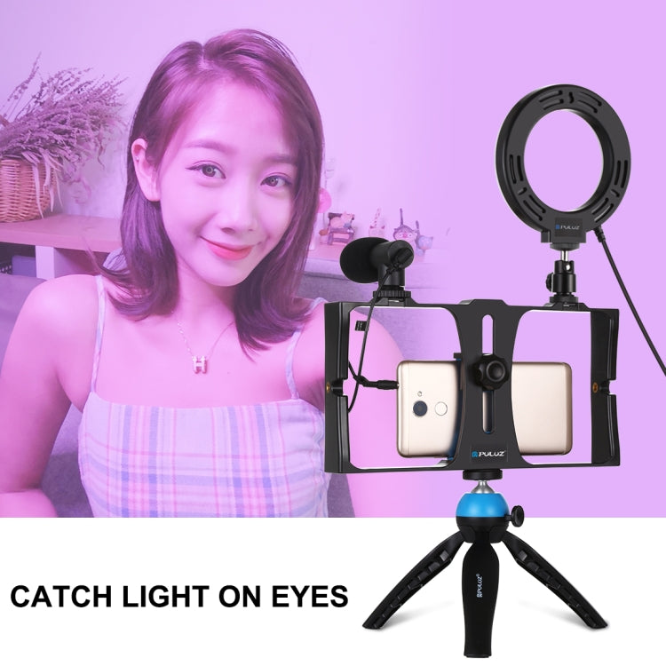 PULUZ 4 in 1 Vlogging Live Broadcast Smartphone Video Rig + 4.7 inch 12cm RGBW Ring LED Selfie Light + Microphone + Pocket Tripod Mount Kits with Cold Shoe Tripod Head(Blue) - Camera Accessories by PULUZ | Online Shopping UK | buy2fix