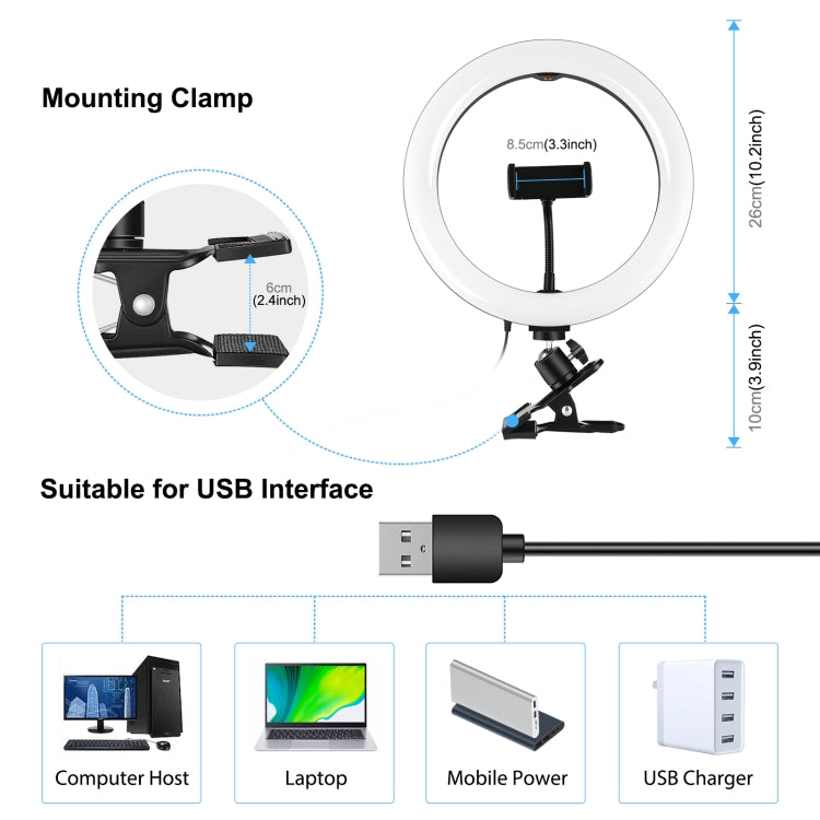 PULUZ 10.2 inch 26cm Ring Light + Monitor Clip USB 3 Modes Dimmable Dual Color Temperature LED Curved Diffuse Vlogging Selfie Beauty Photography Video Lights with Phone Clamp(Black) - Ring Light by PULUZ | Online Shopping UK | buy2fix