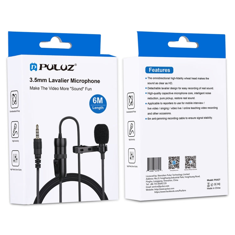 PULUZ 3.5mm Jack Lavalier Omnidirectional Condenser Recording Video Microphone, Length: 6m - Consumer Electronics by PULUZ | Online Shopping UK | buy2fix