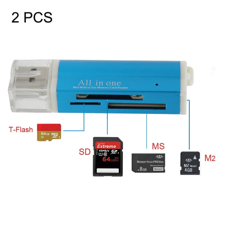 2 PCS Multi All in 1 USB 2.0 Micro SD SDHC TF M2 MMC MS PRO DUO Memory Card Reader(Blue) -  by buy2fix | Online Shopping UK | buy2fix