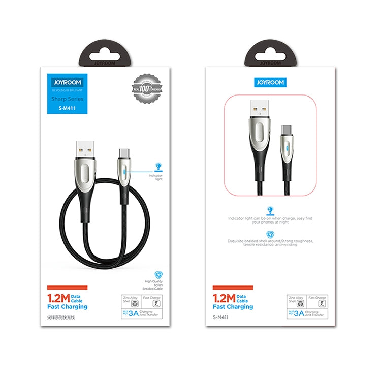 JOYROOM S-M411 Sharp Series 3A USB-C / Type-C Interface Charging + Transmission Nylon Braided Data Cable with Drop-shaped Indicator Light, Cable Length: 1.2m (Black) - USB-C & Type-C Cable by JOYROOM | Online Shopping UK | buy2fix