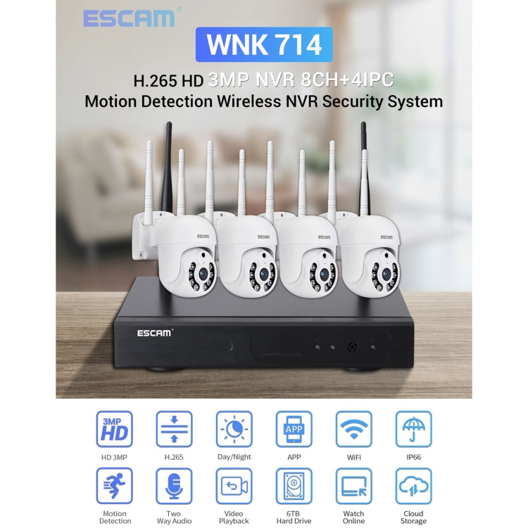 ESCAM WNK714 3.0 Million Pixels 4-channel HD Dome Camera NVR Wireless Monitoring Kit, UK Plug - Security by ESCAM | Online Shopping UK | buy2fix