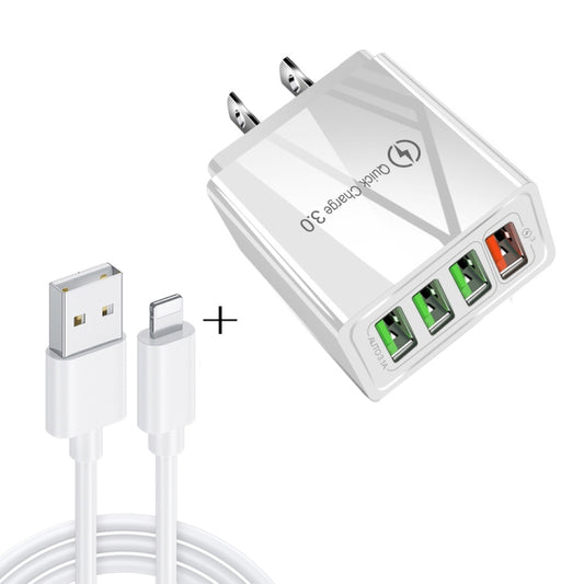 2 in 1 1m USB to 8 Pin Data Cable + 30W QC 3.0 4 USB Interfaces Mobile Phone Tablet PC Universal Quick Charger Travel Charger Set, US Plug(White) - USB Charger by buy2fix | Online Shopping UK | buy2fix