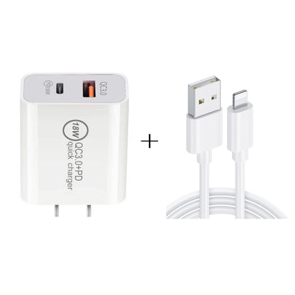 SDC-18W 18W PD 3.0 Type-C / USB-C + QC 3.0 USB Dual Fast Charging Universal Travel Charger with USB to 8 Pin Fast Charging Data Cable, US Plug - Mobile Accessories by buy2fix | Online Shopping UK | buy2fix