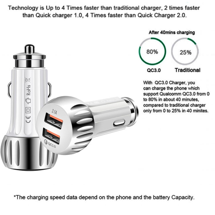 YSY-310QC18W QC3.0 Dual Port USB Car Charger + 3A USB to Micro USB Data Cable, Cable Length: 1m(White) - In Car by buy2fix | Online Shopping UK | buy2fix