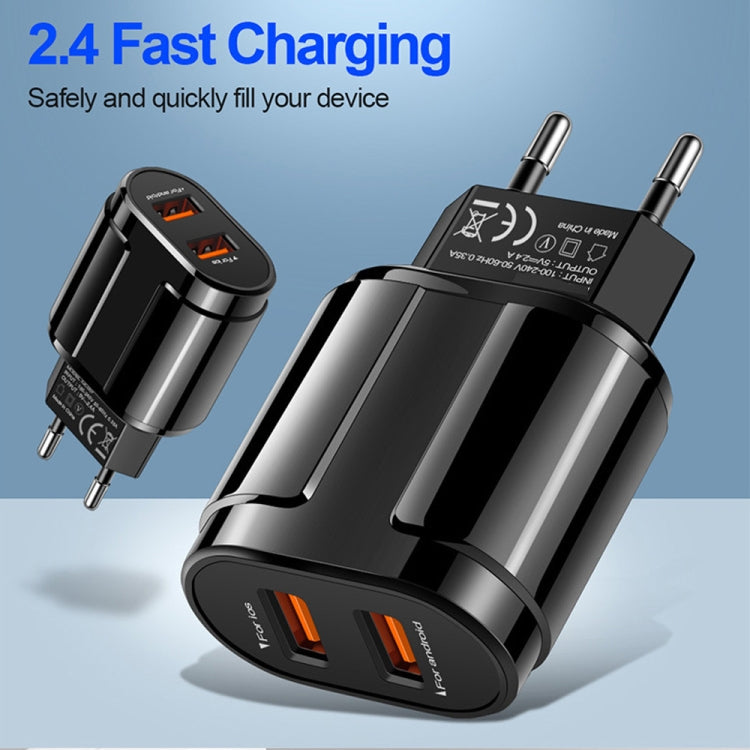 Dual USB Portable Travel Charger + 1 Meter USB to Type-C Data Cable, EU Plug(Black) - Mobile Accessories by buy2fix | Online Shopping UK | buy2fix