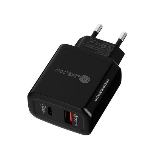 TE-PD01 PD 20W + QC3.0 USB Dual Ports Quick Charger with Indicator Light, EU Plug(Black) - USB Charger by buy2fix | Online Shopping UK | buy2fix