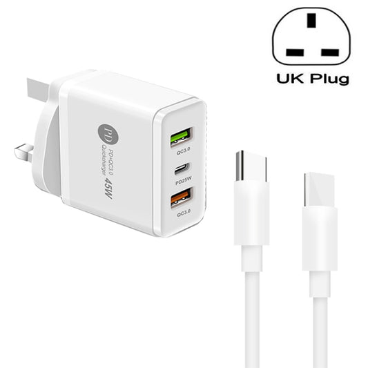 45W PD3.0 + 2 x QC3.0 USB Multi Port Charger with Type-C to Type-C Cable, UK Plug(White) - Mobile Accessories by buy2fix | Online Shopping UK | buy2fix