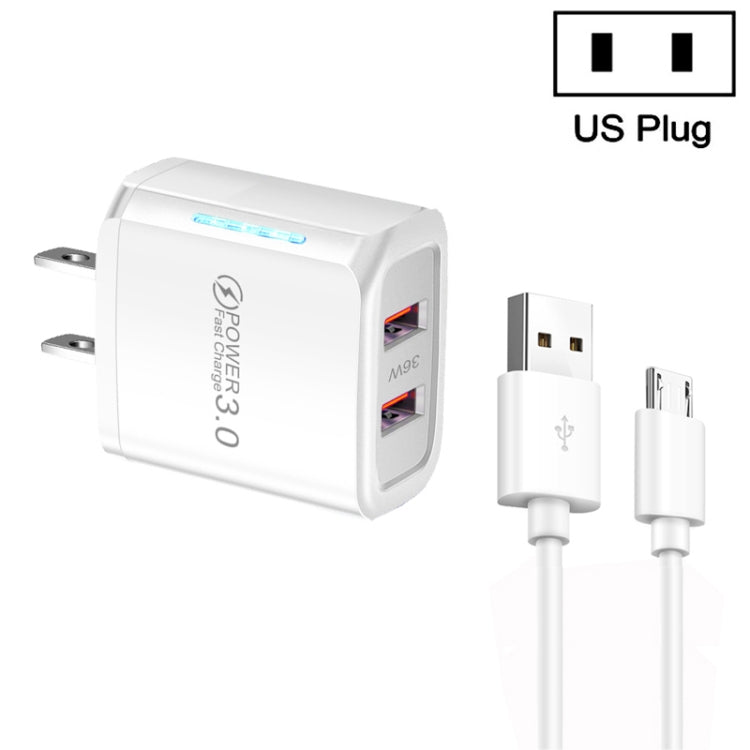 36W Dual Port QC3.0 USB Charger with 3A USB to Micro USB Data Cable, US Plug(White) - Mobile Accessories by buy2fix | Online Shopping UK | buy2fix