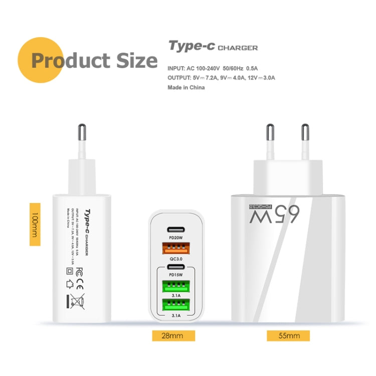 65W Dual PD Type-C + 3 x USB Multi Port Charger with 3A USB to 8 Pin Data Cable, US Plug(White) - Apple Accessories by buy2fix | Online Shopping UK | buy2fix