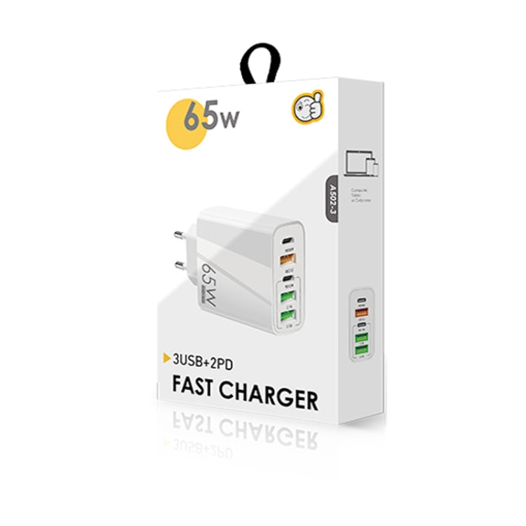 65W Dual PD Type-C + 3 x USB Multi Port Charger with 3A USB to Type-C Data Cable, EU Plug(White) - Mobile Accessories by buy2fix | Online Shopping UK | buy2fix