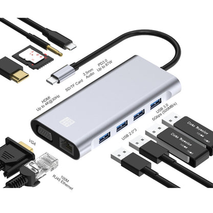 JUNSUNMAY 11 in 1 Type-C to 4K HDMI + VGA +RJ45 Docking Station Adapter PD Quick Charge Hub - USB HUB by JUNSUNMAY | Online Shopping UK | buy2fix