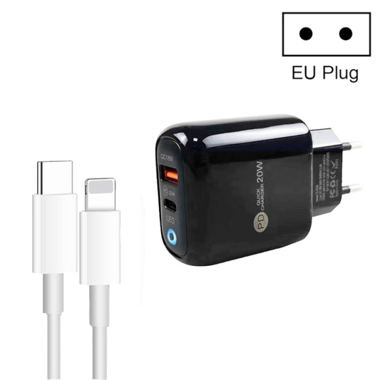 PD04 Type-C + USB Mobile Phone Charger with Type-C to 8 Pin Cable, EU Plug(Black) - USB Charger by buy2fix | Online Shopping UK | buy2fix