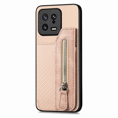 For Xiaomi 13 Carbon Fiber Flip Zipper Wallet Phone Case(Khaki) - 13 Cases by buy2fix | Online Shopping UK | buy2fix