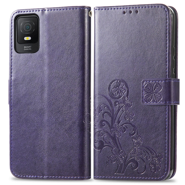 For TCL 403 Four-leaf Clasp Embossed Buckle Leather Phone Case(Purple) - More Brand by buy2fix | Online Shopping UK | buy2fix