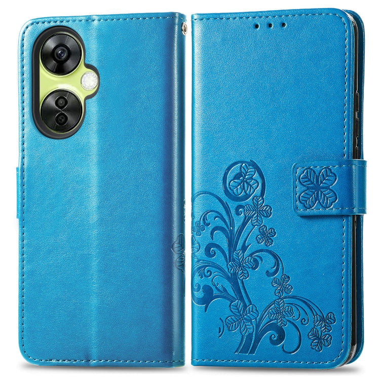 For OnePlus Nord CE 3 Lite Four-leaf Clasp Embossed Buckle Leather Phone Case(Blue) - OnePlus Cases by buy2fix | Online Shopping UK | buy2fix