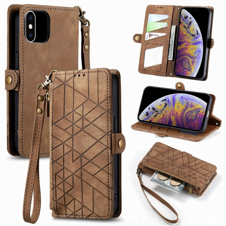 For iPhone XS Max Geometric Zipper Wallet Side Buckle Leather Phone Case(Brown) - More iPhone Cases by buy2fix | Online Shopping UK | buy2fix