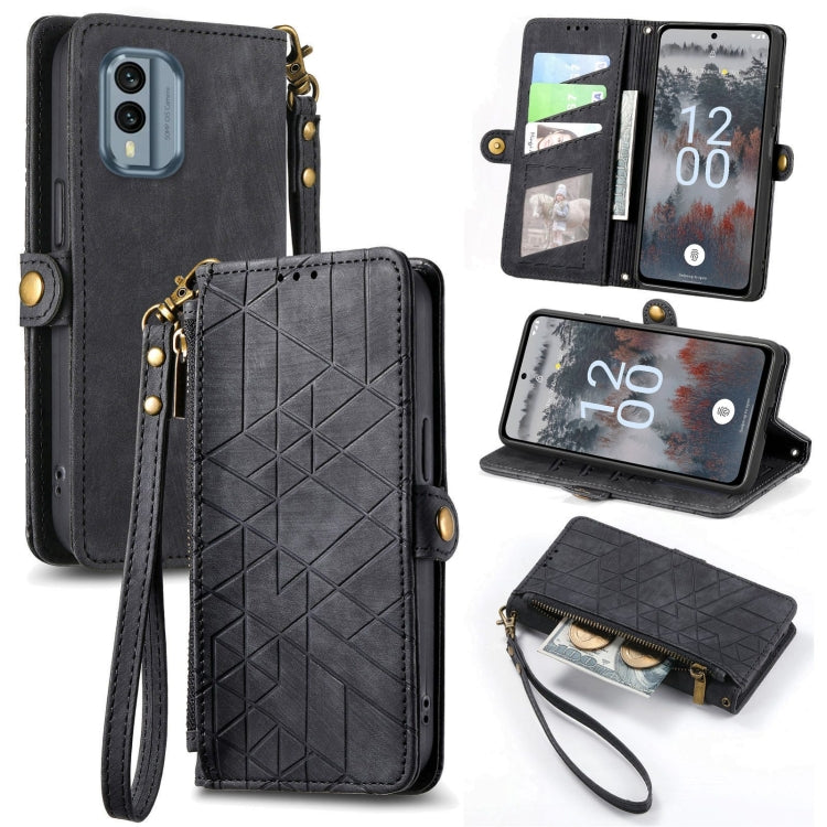 For Nokia X30 5G Geometric Zipper Wallet Side Buckle Leather Phone Case(Black) - Nokia Cases by buy2fix | Online Shopping UK | buy2fix
