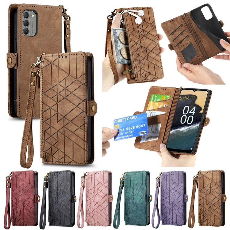 For Nokia C32 Geometric Zipper Wallet Side Buckle Leather Phone Case(Brown) - Nokia Cases by buy2fix | Online Shopping UK | buy2fix