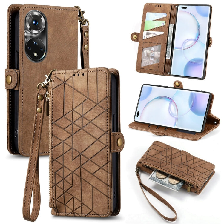 For Honor 50 Pro Geometric Zipper Wallet Side Buckle Leather Phone Case(Brown) - Honor Cases by buy2fix | Online Shopping UK | buy2fix