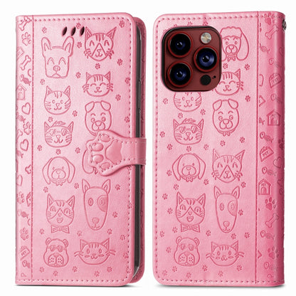 For iPhone 15 Pro Max Cat and Dog Embossed Leather Phone Case(Pink) - iPhone 15 Pro Max Cases by buy2fix | Online Shopping UK | buy2fix