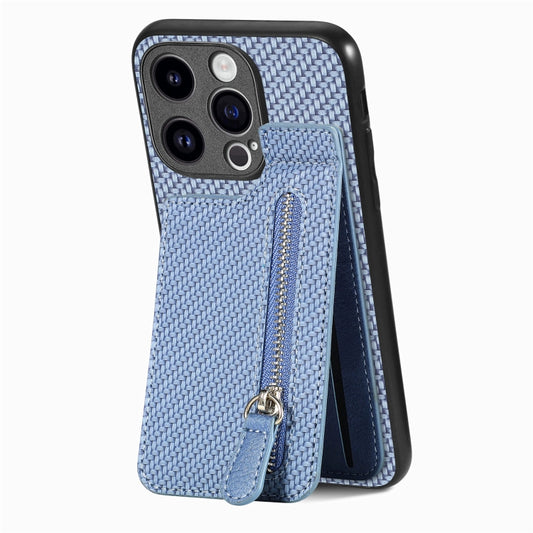 For iPhone 15 Pro Max Carbon Fiber Vertical Flip Zipper Phone Case(Blue) - iPhone 15 Pro Max Cases by buy2fix | Online Shopping UK | buy2fix