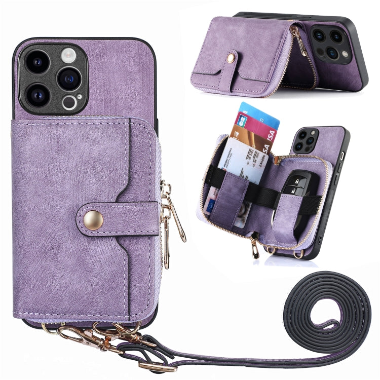 For iPhone 15 Pro Max Crossbody Multi-function Zipper Wallet Phone Case(Purple) - iPhone 15 Pro Max Cases by buy2fix | Online Shopping UK | buy2fix