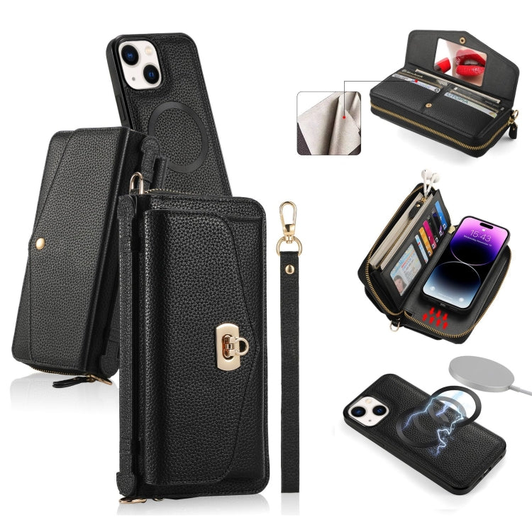 For iPhone 14 MagSafe Crossbody Multi-functional Zipper Wallet Litchi Leather Phone Case(Black) - iPhone 14 Cases by buy2fix | Online Shopping UK | buy2fix