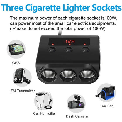 TR12 3 in 1 100W 4USB Car Cigarette Lighter with Switch Voltage Display(Black Red) - In Car by buy2fix | Online Shopping UK | buy2fix