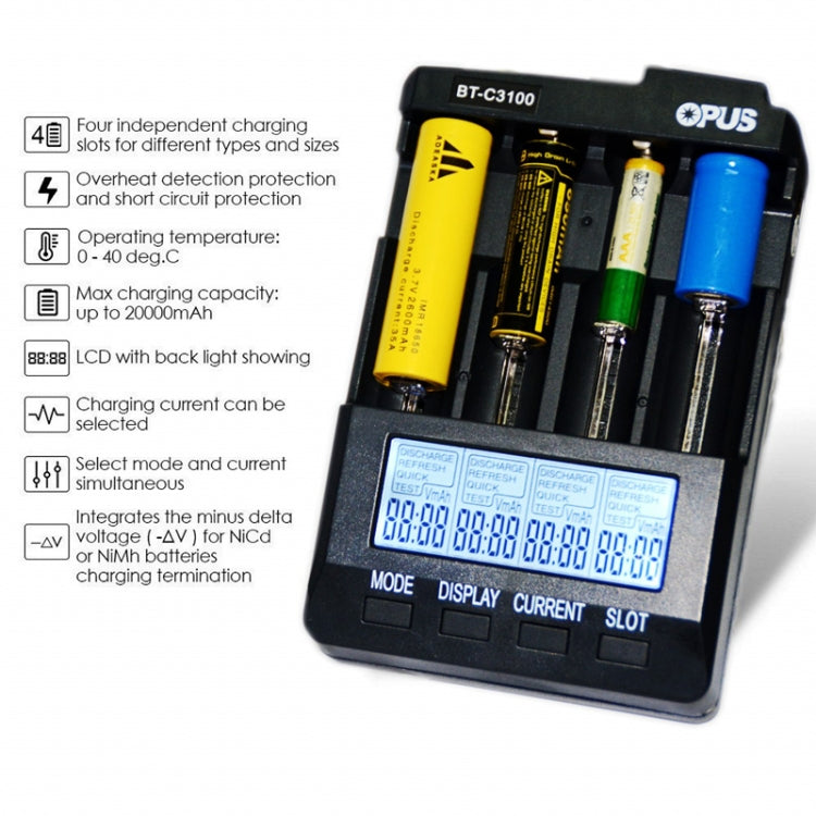 OPUS BT-C3100 Smart Smart Digital Intelligent 4-Slot Battery Charger(US Plug) - Charger & Converter by OPUS | Online Shopping UK | buy2fix