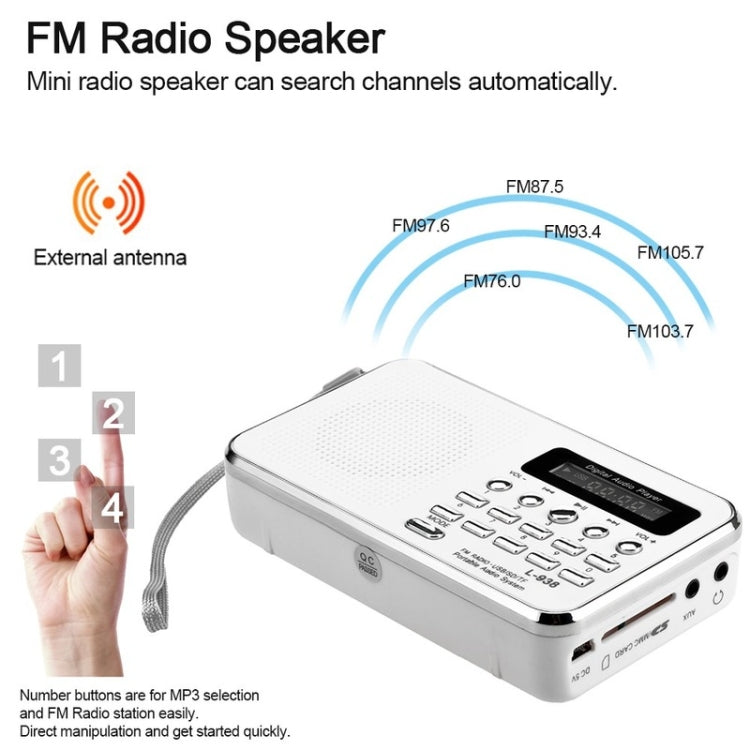 L-938  MP3 Audio Player FM Radio Support  SD MMC Card AUX-IN Earphone-out(White) - Consumer Electronics by buy2fix | Online Shopping UK | buy2fix