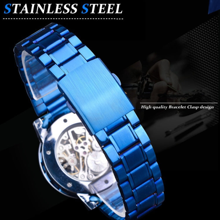 Winner Leisure Skeleton Diamond Luminous Pointer Watch Men Manual Mechanical Watch(Black Belt Black Shell Blue Face) - Metal Strap Watches by Winner | Online Shopping UK | buy2fix