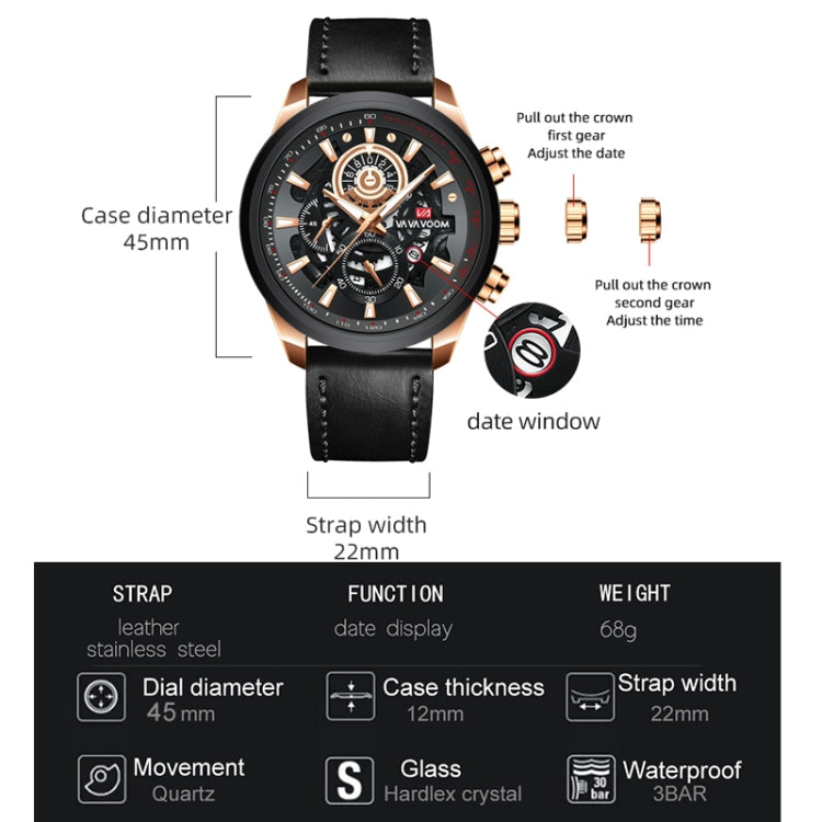 VAVA VOOM 2311P-JH1 Black Gold Shell Belt Men Waterproof Sports Luminous Calendar Casual Quartz Hollow Watch - Sport Watches by VAVA VOOM | Online Shopping UK | buy2fix