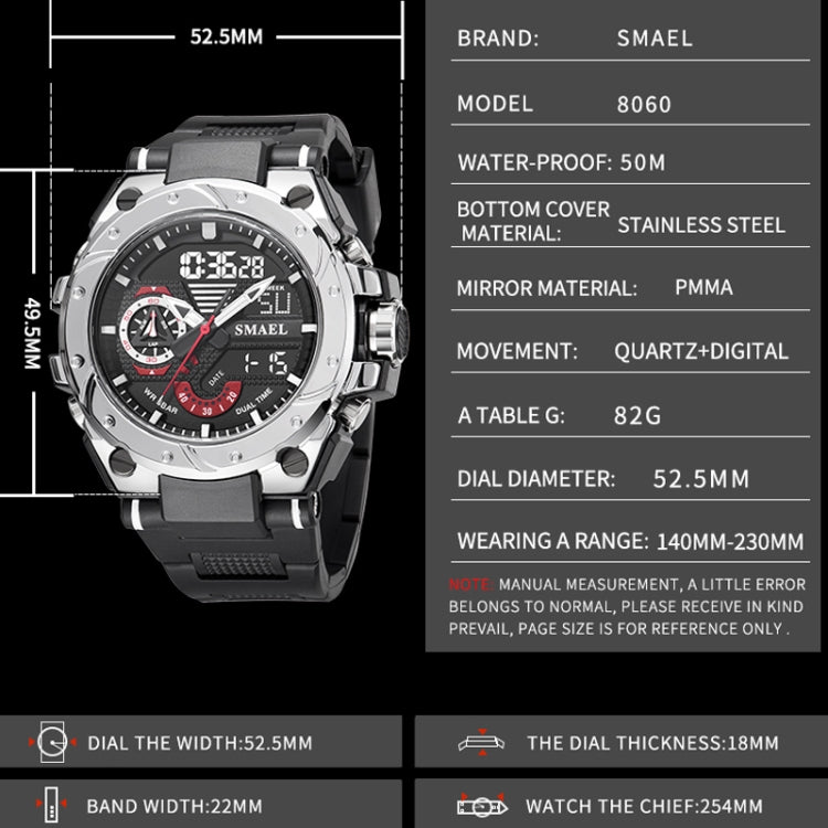 SMAEL 8060 Waterproof Sports Alloy Men Watch Luminous Display HD Mirror Watch(Black) - LED Digital Watches by SMAEL | Online Shopping UK | buy2fix